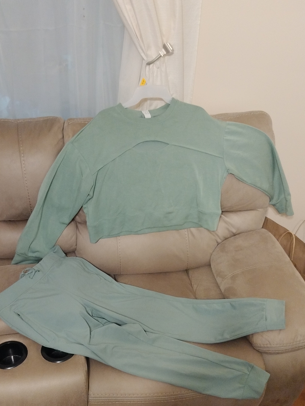90 Degree By Reflex Sage Green Cropped Sweatshirt and Joggers Set